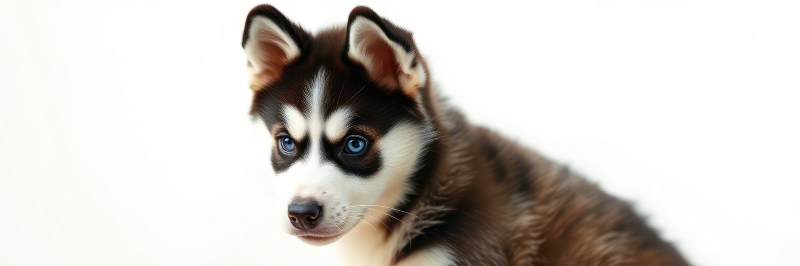 Husky puppy with striking blue eyes sitting against a light background in a playful pose